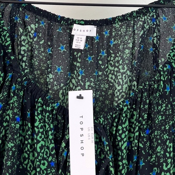 NWT Topshop Mixed Print Tie Front Flyaway Top Black/Green/Blue - Picture 6 of 8